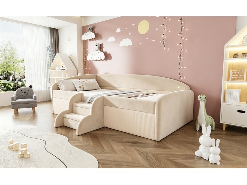  Canapé-lit 90x190 cm, lit enfant, velours beige, barrière antichute  - Conforama D