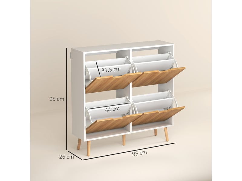  Meuble à chaussures étroit avec 4 tiroirs abattants et étagères réglables pour 16 paires, 95 x 26 x 95 cm, naturel et blanc  - Conforama D