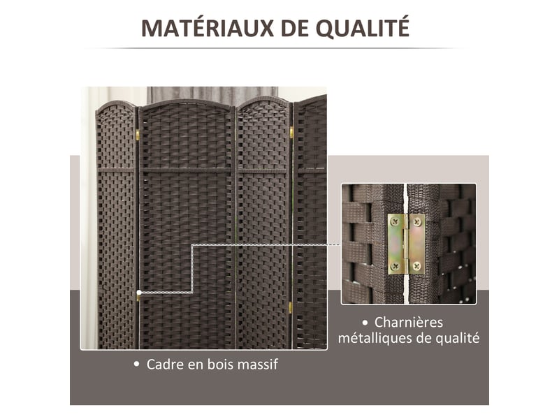  Paravent interieur en bois 4 panneaux 160 x 170 cm séparateur de pièce pliable pour salon, chambre à coucher, marron  - Conforama R
