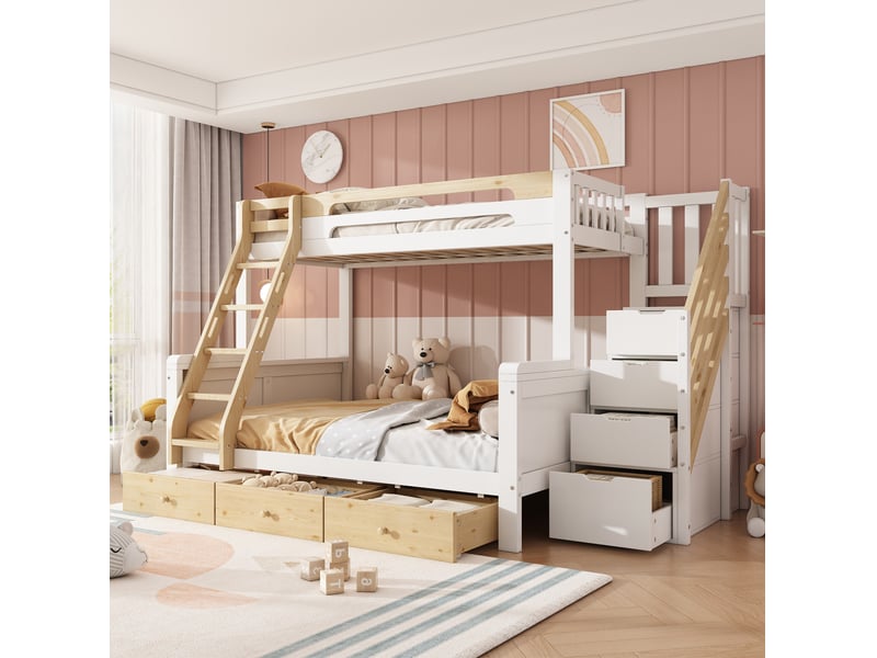  Lit superposé familial 90x200140x200 cm blanc et naturel avec rangements  - Conforama B