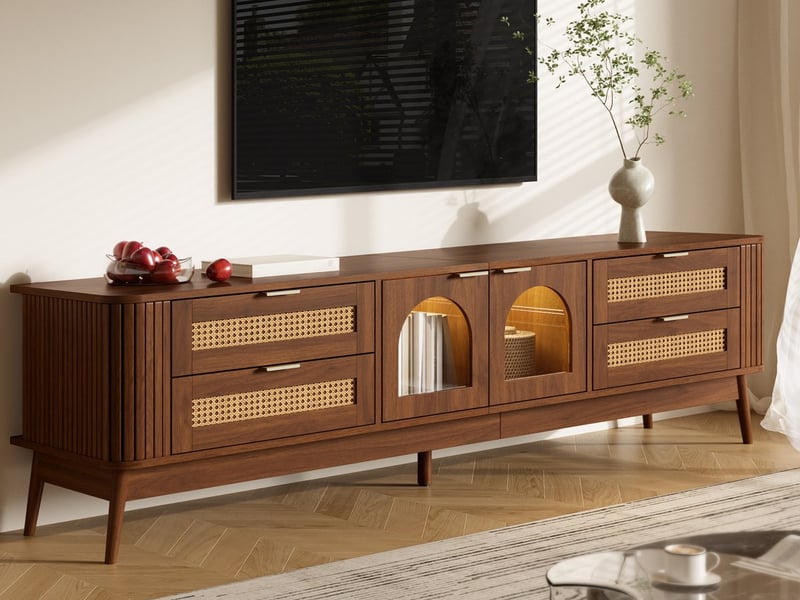  Meuble tv bas 180 cm, finition noyer, avec éclairage led  - Conforama B