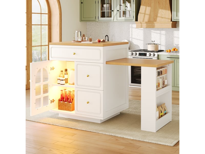Îlot polyvalent pour cuisine extensible avec vitrine en verre et éclairage led rgb, longueur réglable 122,5-195,5 cm, couleur blanche. - Conforama R
