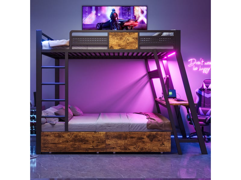  Lit superposé 140x200 cm, lit enfant, bureau intégré, éclairage led, ports usb et type-c, prises intégrées, charge maximale 150 kg, métal noir OPULERANE TRADING LTD - Conforama D
