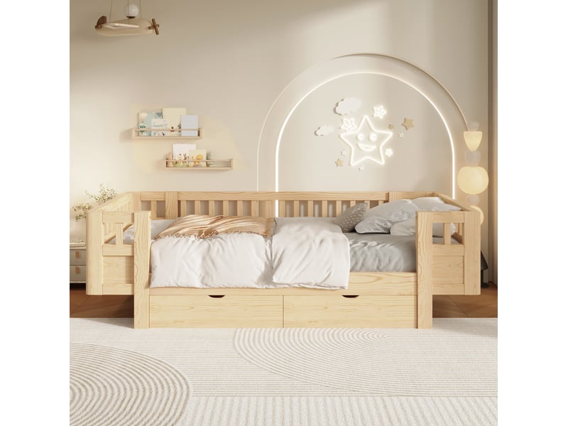  Lit enfant avec tiroirs modenvie 90 x 200 cm, barrière de sécurité, bois et mdf, coloris bois  - Conforama E