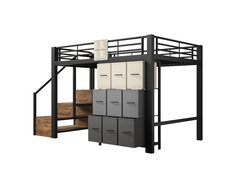  Lit mezzanine métal noir 140x200 cm avec escalier, rangement, penderie et tiroirs – sans matelas  - Conforama E