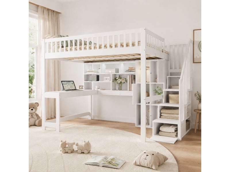  Lit mezzanine 140 x 200 cm blanc avec led, bureau, étagères et escalier de rangement  - Conforama D