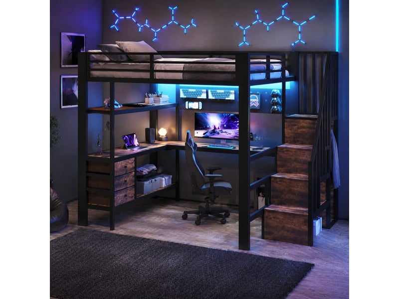 Lit mezzanine 140x200 cm noir en métal et mdf avec bureau, rangements et led - Conforama B