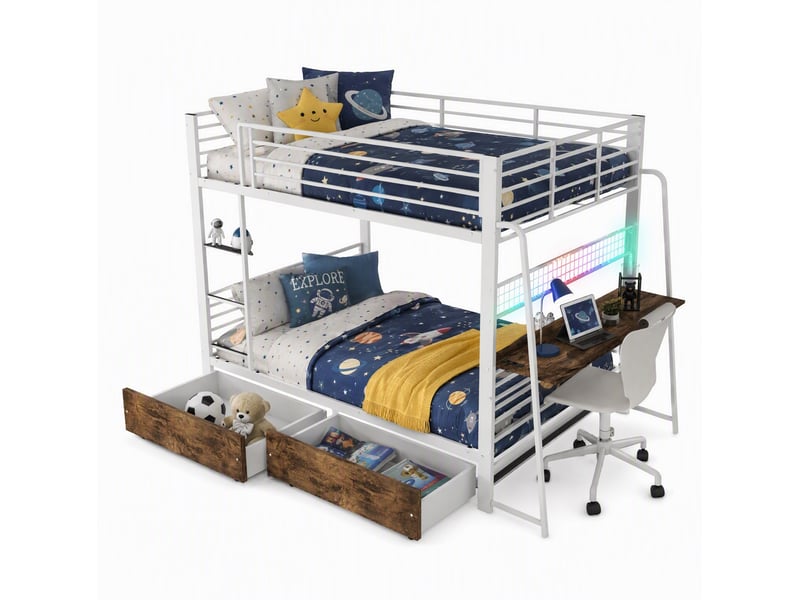  Lit superposé 140x200 cm avec bureau, led et 2 tiroirs blanc et noyer  - Conforama A