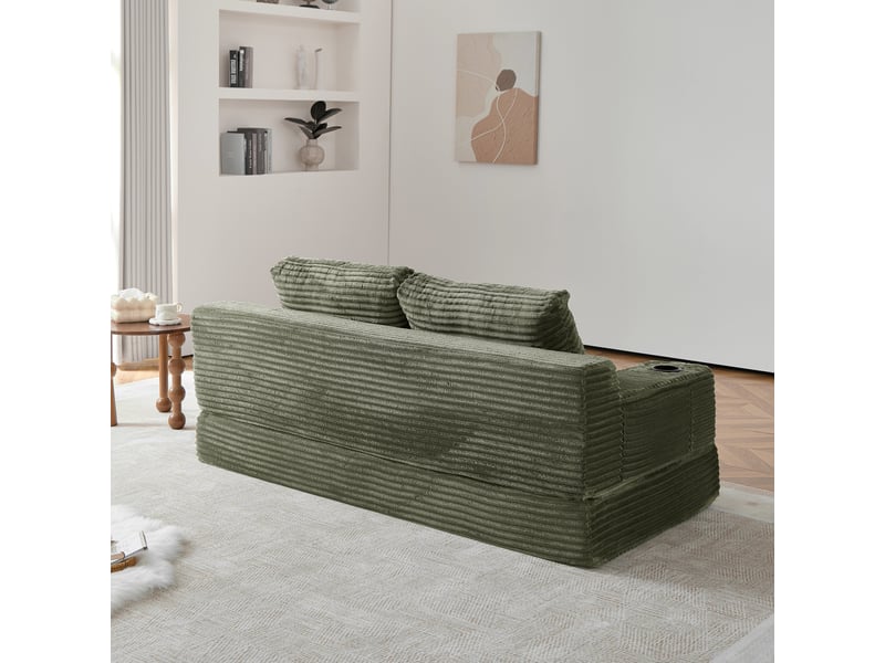  Canapé convertible 2-en-1 180 cm en velours côtelé, 2 places, porte-gobelets, poches latérales, vert, design moderne  - Conforama E