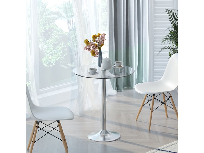  Table de salle à manger ronde pour 2 personnes, table de cuisine moderne avec plateau en verre trempé pour salon, argentée  - Conforama C