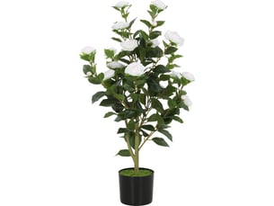 Camélia artificiel avec fleurs réalistes, 176 feuilles en peva et pot en pp rempli de ciment noir, blanc