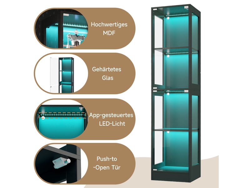  Vitrine led en verre trempé, meuble vitrine noir 4 niveaux avec éclairage connecté, armoire d'exposition pour figurines, 40x35x170cm RH-NK000203AAB - Conforama D