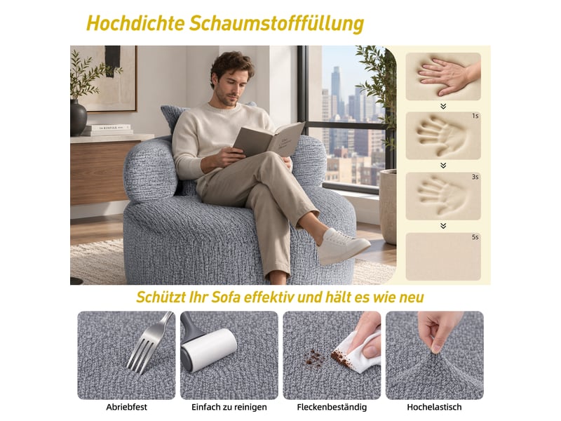  Fauteuil lounge rond 100 cm en chenille, pouf adulte avec coussin, mousse haute densité, siège relax enveloppant pour salon, chambre et bureau - gris  - Conforama D