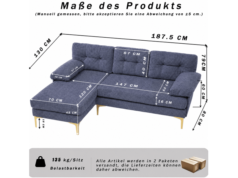  Canapé d'angle fixe 3 places en tissu bleu, méridienne réversible gauchedroite et accoudoirs rembourrés  - Conforama C