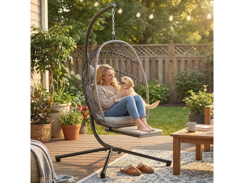 Fauteuil suspendu avec support, chaise suspendue pliante avec repose-pieds rétractable, gris clair  - Conforama C
