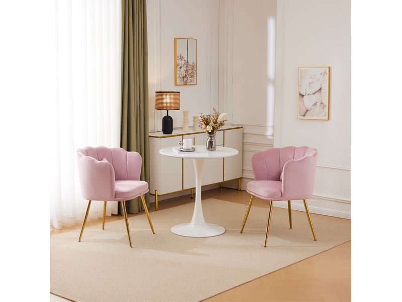 Fauteuil avec dossier pétale capitonné, coussins de soutien et pieds métalliques dorés en velours rose  - Conforama C