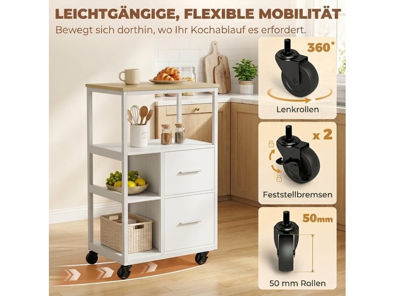 Desserte de cuisine blanche à roulettes, 2 tiroirs et rangement ouvert, compacte pour petits espaces au quotidien  - Conforama D