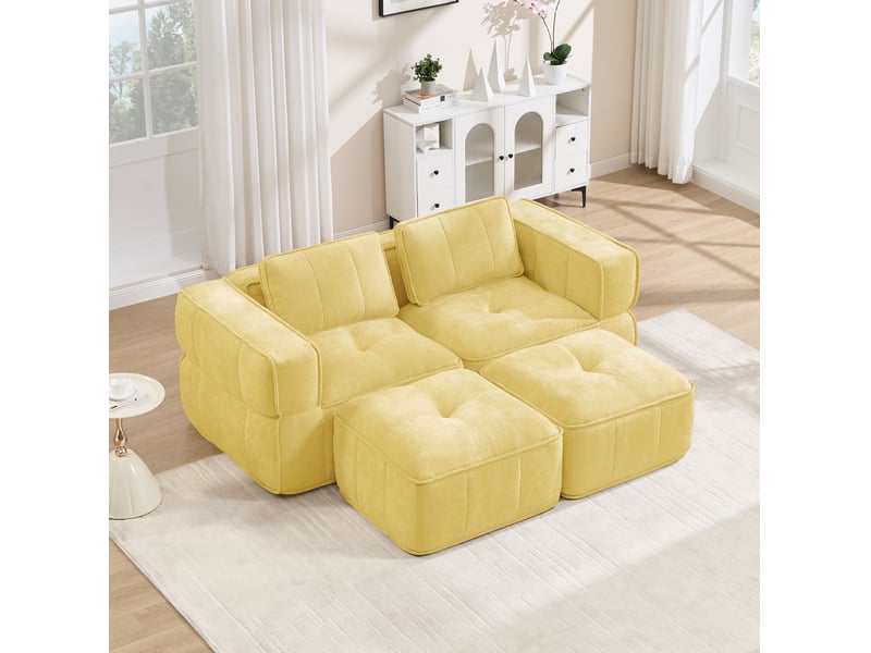 Canapé modulaire 2 places avec deux poufs, assise profonde et mousse 32d, sans montage, en polyester jaune - Conforama D