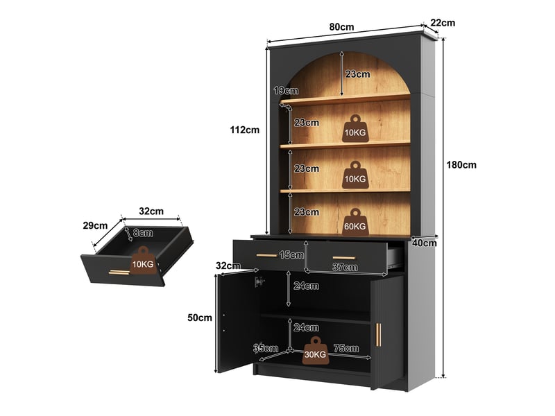 Armoire de cuisine haute 80x40x180cm, façade ondulée, 2 portes, 2 tiroirs, poignées dorées et étagères réglables, noir et bois naturel, cuisine - Conforama D
