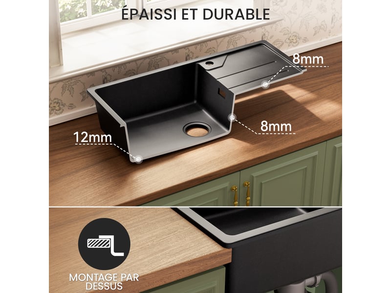 Cecipa max évier en granit 86x45cm - évier de cuisine noir - avec égouttoir et panier égouttoir - siphon et crépine inclus - Conforama C