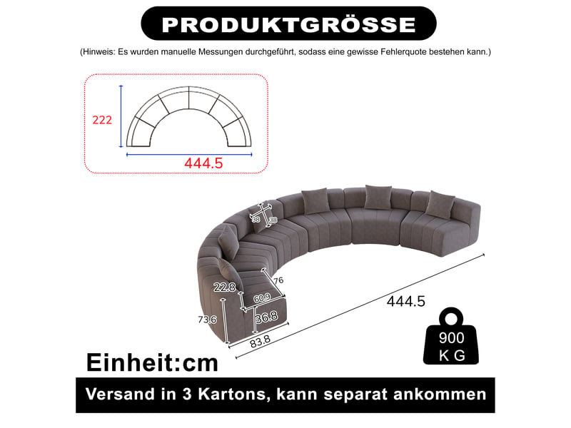  Canapé 6 places - 444.5x222x73.6 cm - canapé demi-lune modulaire incurvé chenille avec coussins, sans montage - gris  - Conforama E