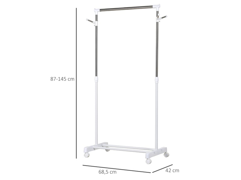  Portant vêtements acier sur roulettes, barre réglable en hauteur, étagère basse, 68,5×42×87-145 cm, blanc argenté  - Conforama E
