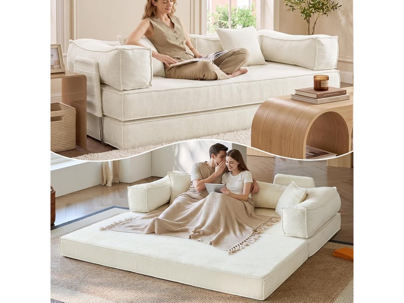 Canapé-lit convertible 3 places, sofa de sol modulaire, avec coussins amovibles,207x106x68cm,beige - Conforama R