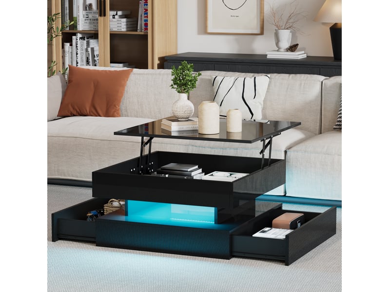  Table basse relevable carrée 65 x 65 x 38,5 cm, plateau 52,5 cm, 2 tiroirs, bande led, panneau particules, noir  - Conforama E
