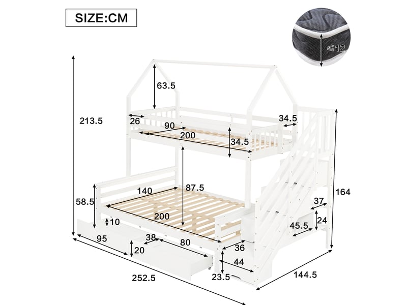  Lit superposé enfant blanc 90x200 et 140x200 cm avec escalier de rangement  - Conforama C