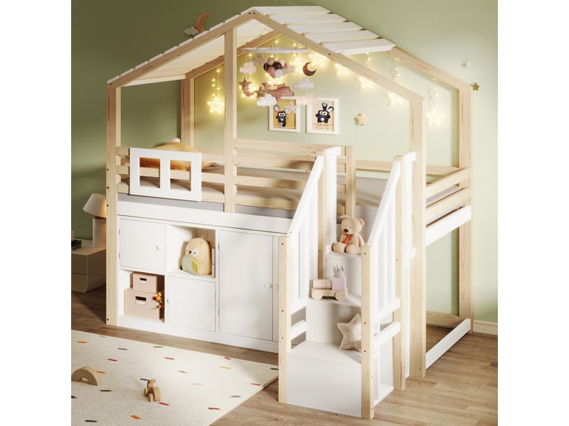  Lit, 90x200 cm, sommier, toit en pente, lit mezzanine, 4 portes, matelas non inclus, bois, coloris blanc et naturel  - Conforama E