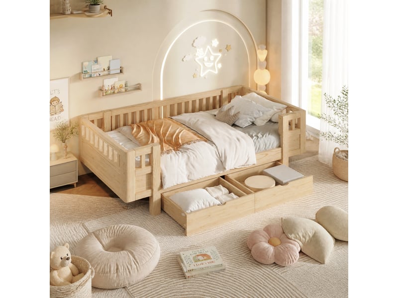  Lit enfant 90x200 cm, bois et mdf, aspect bois, doté de barrière haute et de 2 tiroirs de rangement, sans matelas  - Conforama B