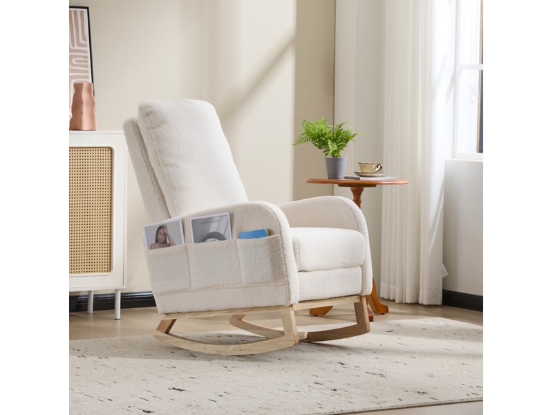  Fauteuil à bascule avec repose-pieds, dossier haut ergonomique et poche latérale en tissu teddy blanc  - Conforama E