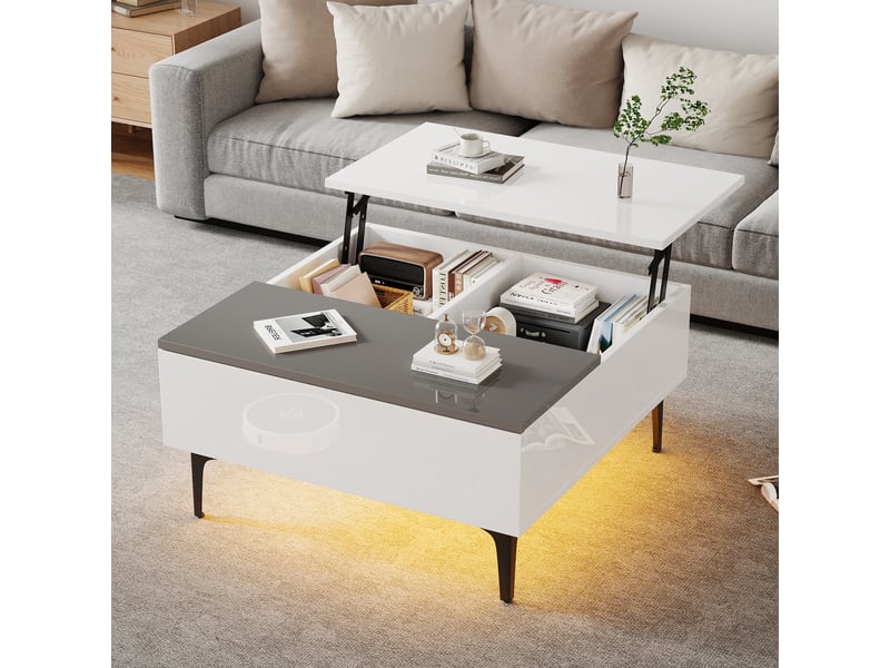  Table basse plateau relevable 70x70 cm blanc brillant avec éclairage led et espace de rangement caché  - Conforama E
