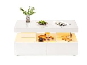 Table basse fixe able – basse laquée blanc – table basse led avec 2 grand tiroir de rangement et compartiment – grand espace de rangement