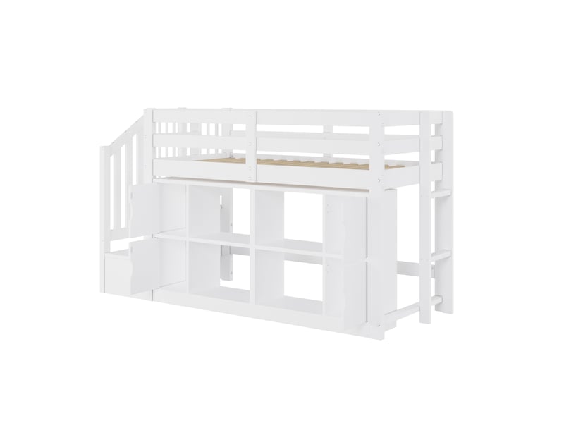  Lit mezzanine 90x200 cm blanc mdf et bois, bibliothèque, placards, escalier de rangement et éclairage led  - Conforama D