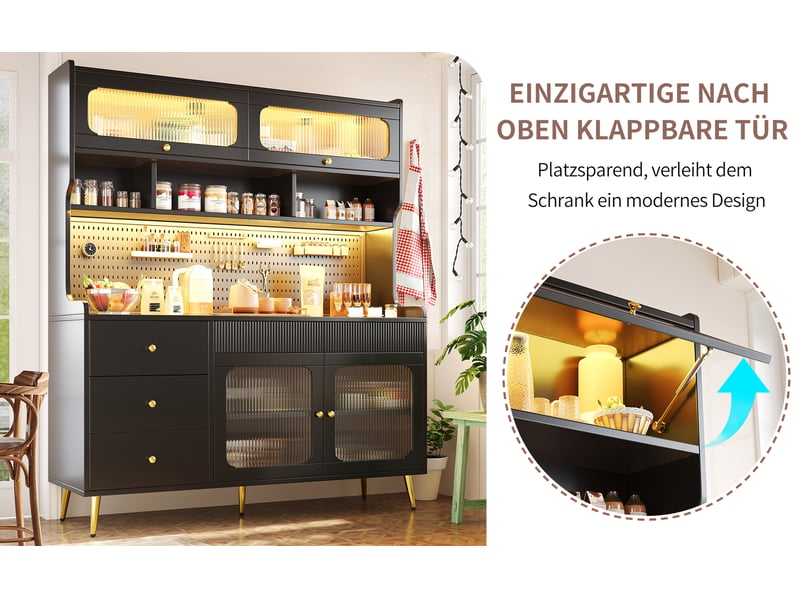  Meuble haut de rangement, coloris noir, 145 × 39 × 171 cm, mdf, métal et verre, led rgb pilotable par application  - Conforama C