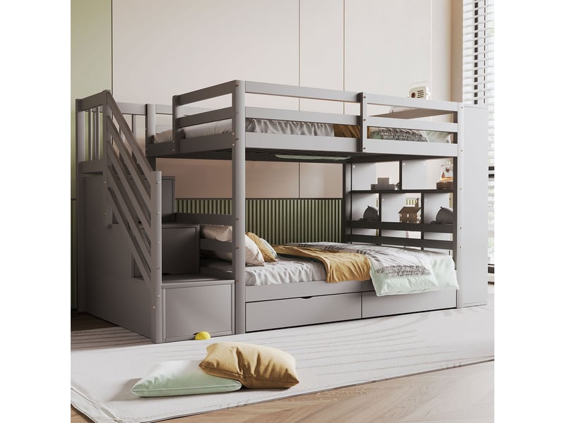  Lit superposé 90x200 cm, espace de rangement, avec escalier de sécurité et rangements, bois, couleur gris, sans matelas  - Conforama E