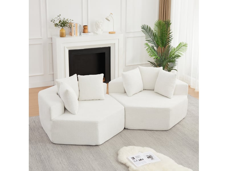  Canapé modulaire hexagonal avec trois coussins et dessous antidérapant en tissu bouclette chenille beige  - Conforama D