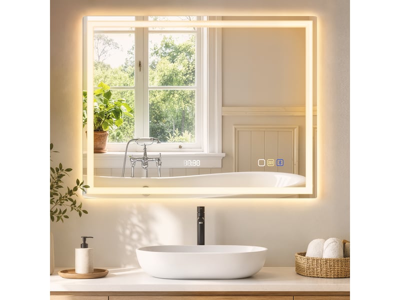  Miroir lumineux led salle de bain 90 x 70 cm bluetooth interrupteur tactile lumière réglable 3 couleurs fonction anti-buée et mémoire  - Conforama D