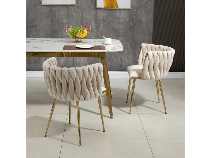  Lot de 2 chaises de salle à manger 55.5x50x74cm – design tissé à la main avec pieds en métal doré – velours - blanc ivoire  - Conforama D