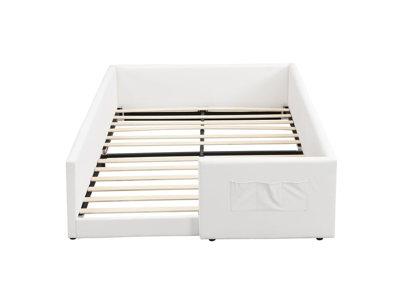 Lit enfant 140x200 cm avec 3 poches de rangement, lit 2 place, design moderne et simple, sommier, pu, blanc sans matelas  - Conforama R