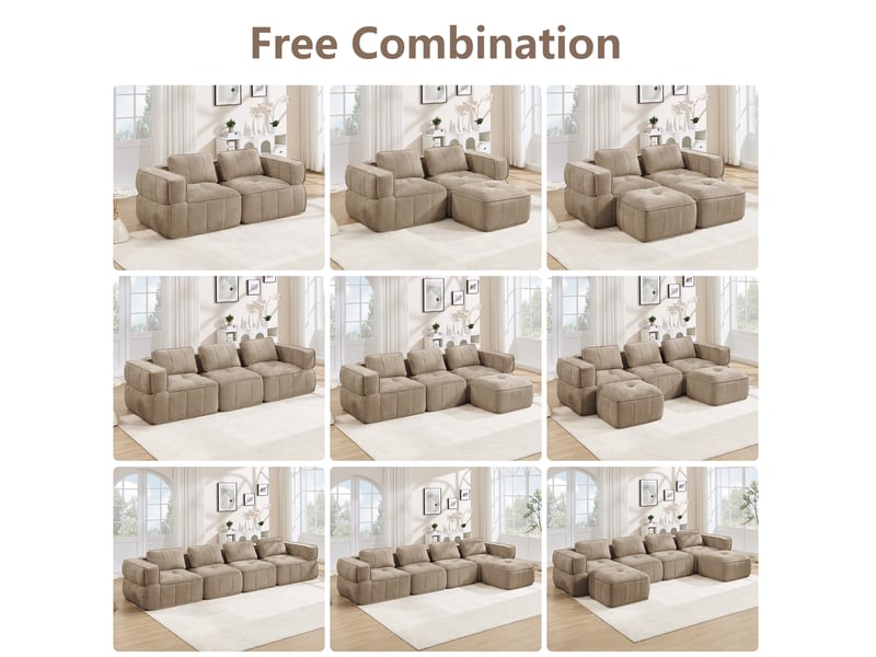  Canapé modulable en u modenvie 4 places avec 2 poufs, mousse haute densité 32d, base antidérapante, revêtement polyester beige, sans montage, 344 x 162 x 67 cm  - Conforama D