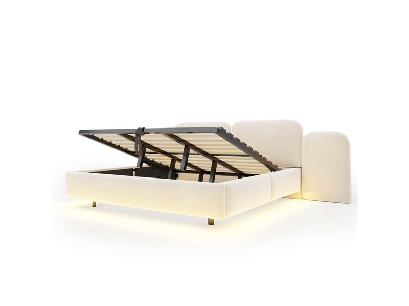 Lit capitonné 180 x 200 cm, avec rangement hydraulique, bande lumineuse led, port de chargement, tête de lit unique, volumineuse et confortable, sommier à lattes stable, revêtement en velours beige - Conforama D