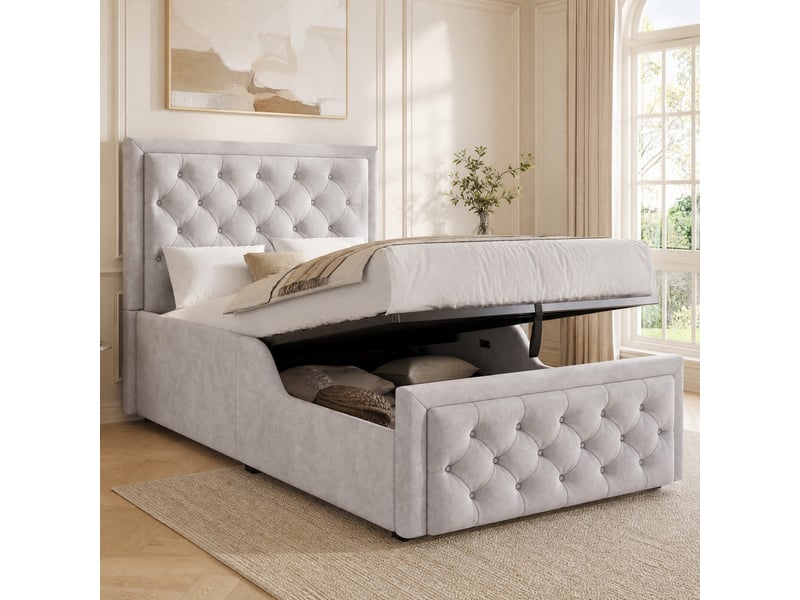  Lit coffre enfant 1 place 90×200 cm hydraulique, tête rembourrée  - sans matelas, velours gris  - Conforama B