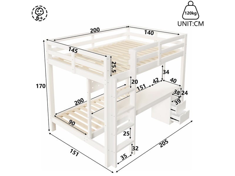  Lit superposé enfant 90x200 et 140x200 cm avec bureau, tiroirs et led blanc naturel  - Conforama C