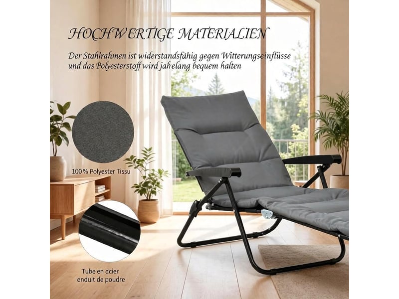  Fauteuil relax pliant multiposition 153 x 58,5 x 89 cm - matelas rembourré épais - dossier inclinable 6 positions - structure acier époxy - gris  - Conforama E