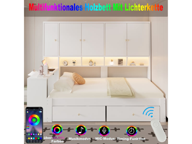 Lit enfant multifonctionnel 90x200 cm - lit simple avec rangement, armoire, étagères, 2 tiroirs, bureau, led et prise - blanc  - Conforama E