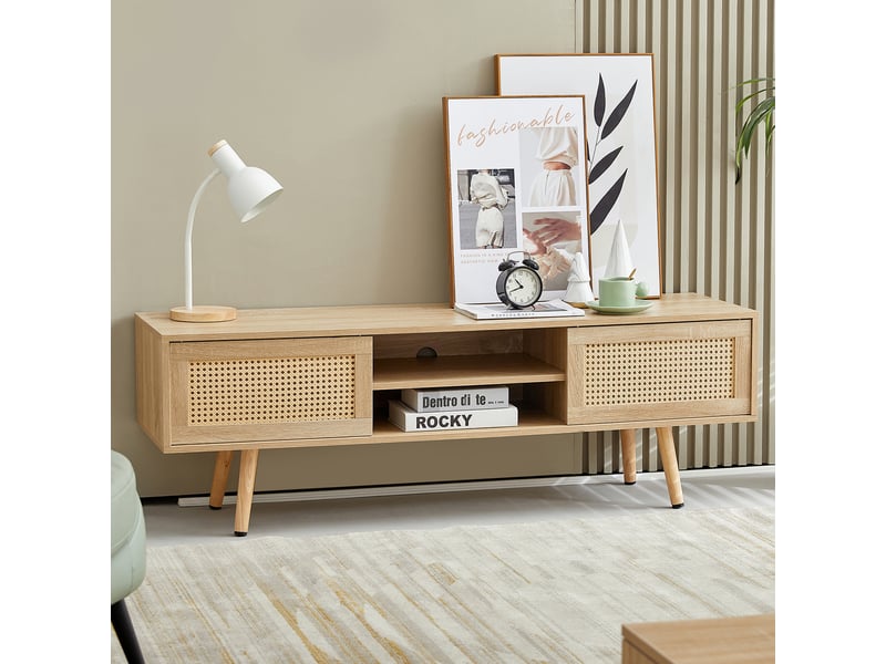  Meuble tv en mdf effet bois naturel – portes coulissantes en rotin, 140 x 45 x 40 cm  - Conforama C