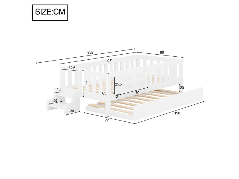  Lit enfant 90 x 200 cm avec lit gigogne 90 x 190 cm, barrières de sécurité, bibliothèque, escalier et sommier, bois et mdf, blanc OMNIGLINT TRADING LTD - Conforama D