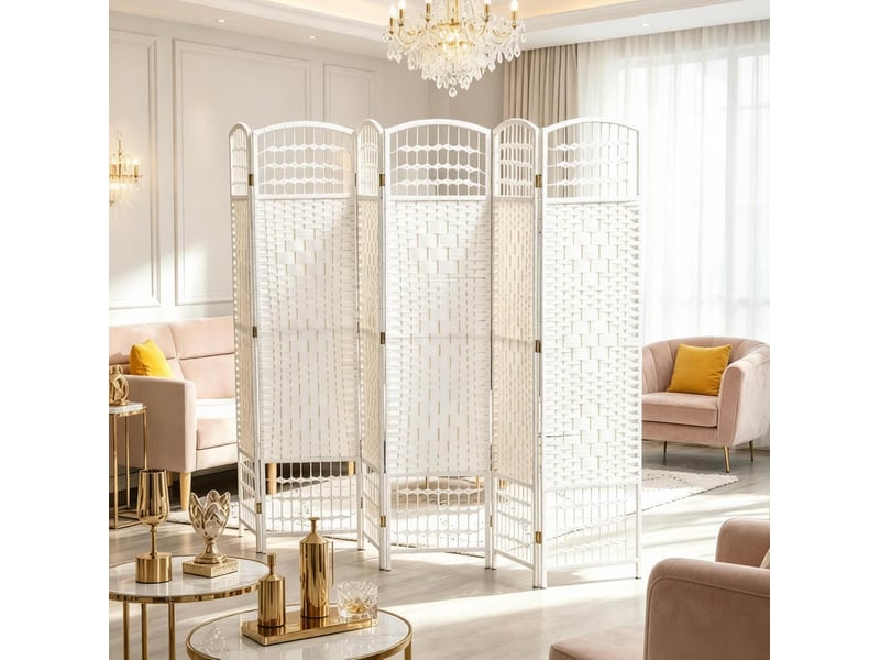  Paravent pliable à 6 panneaux tressés en corde de papier avec cadre en bois blanc intérieur 242 × 170 cm  - Conforama D